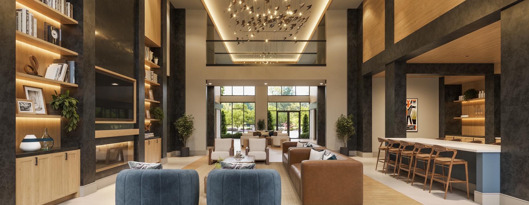 a large room with a chandelier and chairs