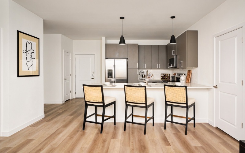 kitchen with white countertops and seating
