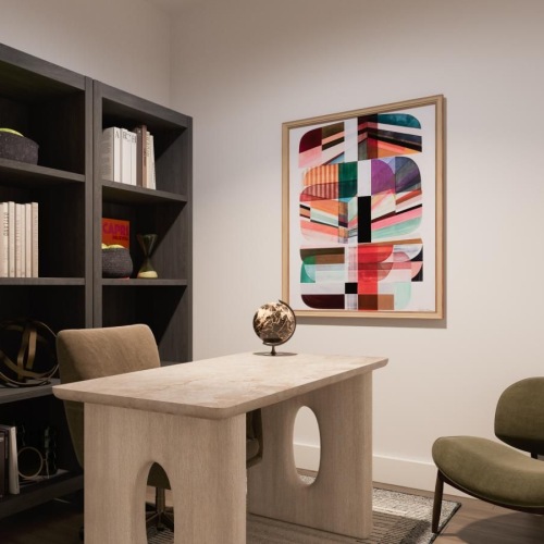 a living room with a table and chairs
