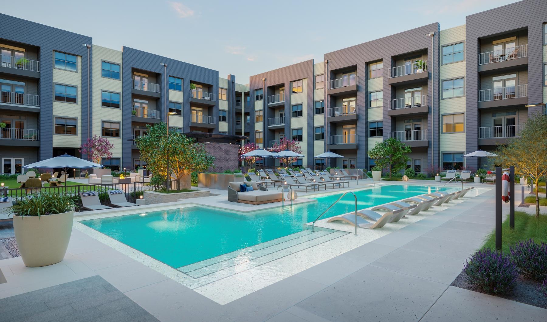a swimming pool in a courtyard between buildings