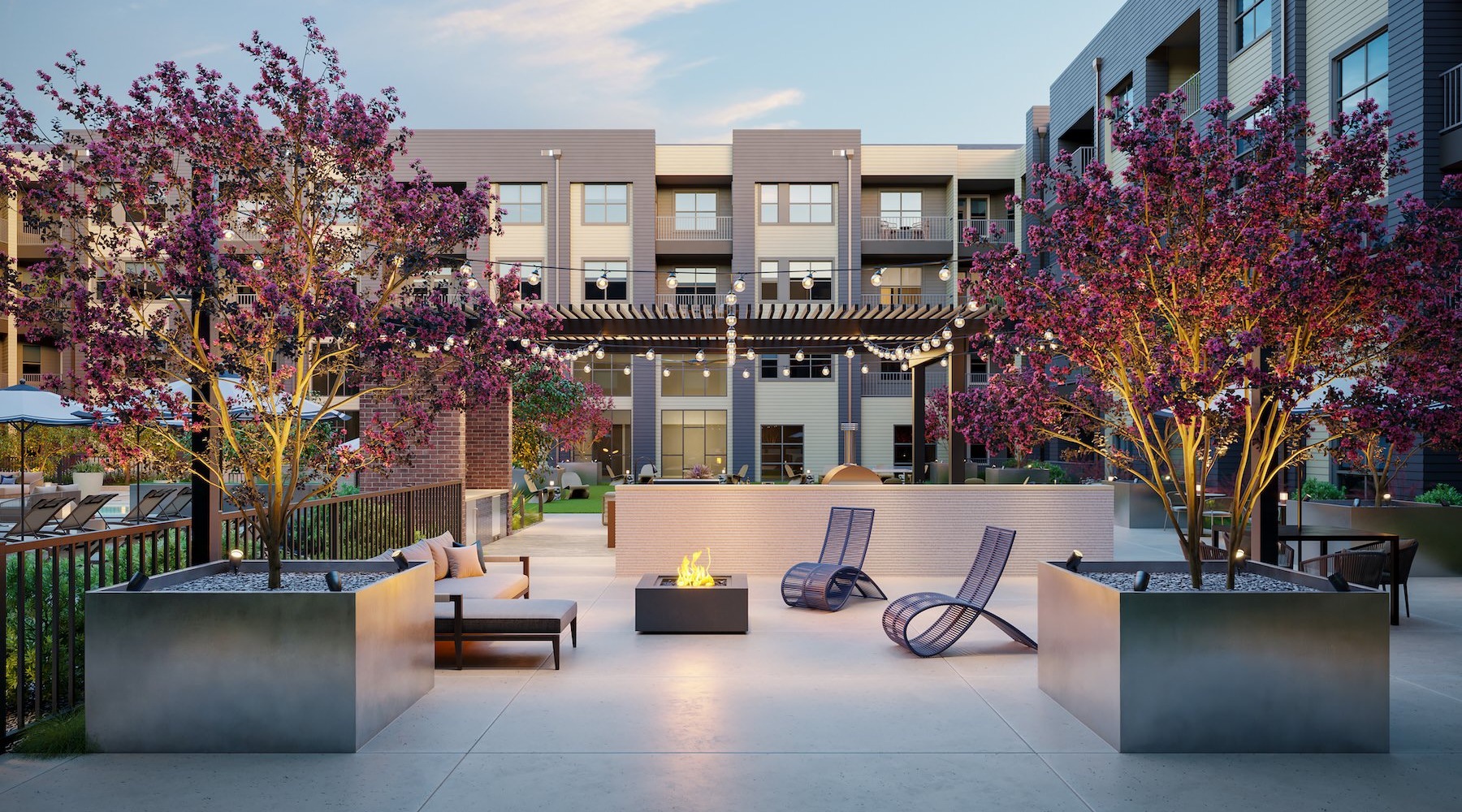 A fire pit in a court yard